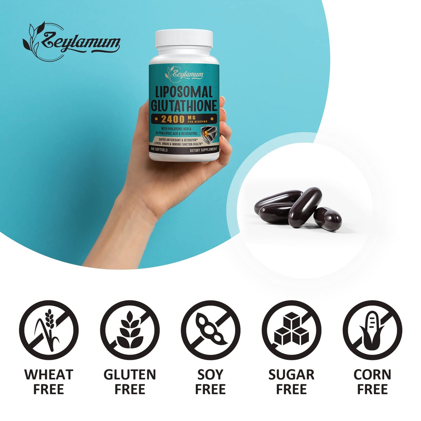 Zeylamum 2400 MG Liposomal Glutathione Softgels, Max Absorption, Active Form L-Glutathione Reduced (GSH), with Hyaluronic Acid, Resveratrol, Master Antioxidants for Brain, Immune System, 120 Softgels