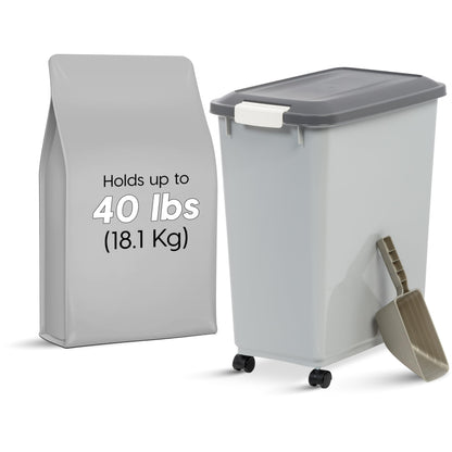 IRIS USA Dog Food Storage Container with Wheels, Airtight Lid, 2-Cup Scoop, Up to 40 Pounds Pet Food Storage, Built in Scoop Storage in Lid, Versatile Pet Food Bin, Portable, BPA Free, Gray/Dark Gray