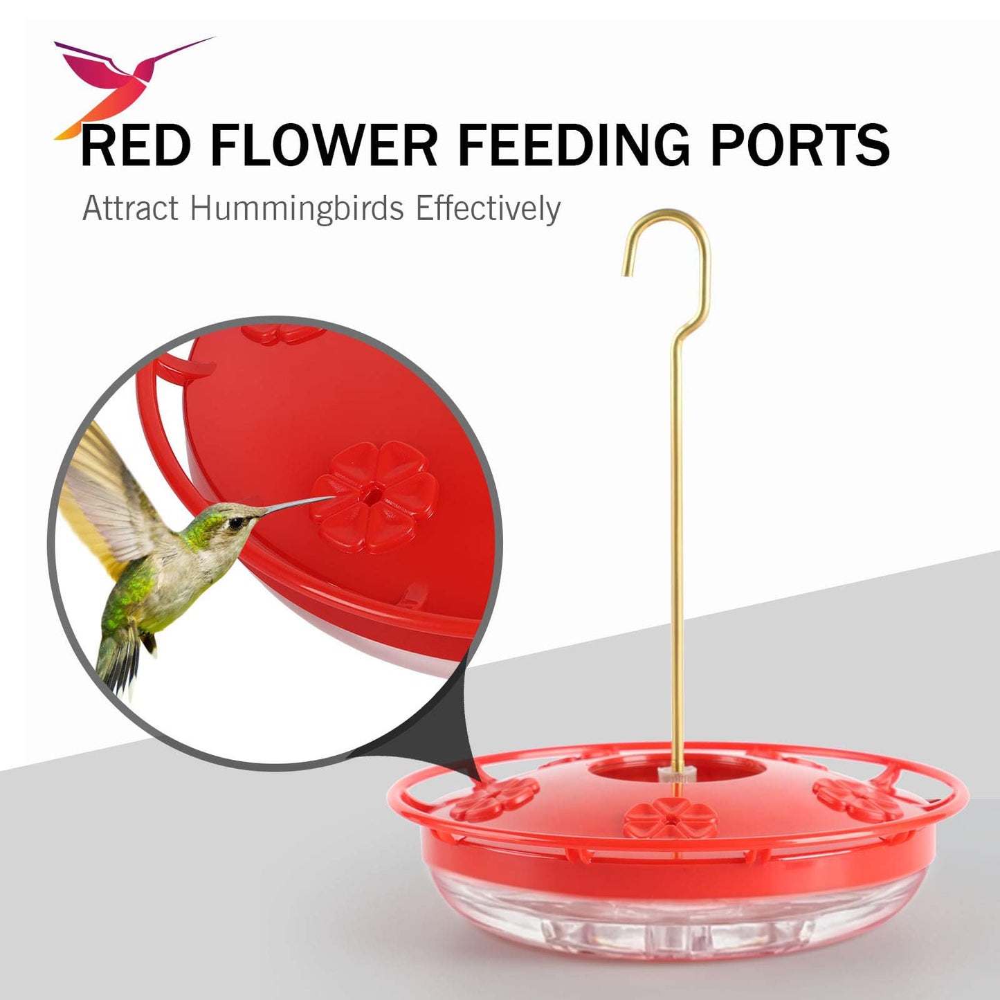eWonLife 2 Pack Hummingbird Feeders for Outdoors, 16oz Leak-Proof Saucer Humming Bird Feeder with Integrated Ant Moat, Bee Proof 5 Feeding Ports, Brush, Easy Clean & Refill, Hanging Garden Yard Décor