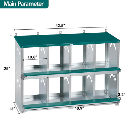 Toriexon Chicken Nesting Box, 8 Compartment Metal Nesting Box, Wall Mountable Nesting Boxes for Chicken, 42.5" L x 13.0" W x 25.0" H, Green