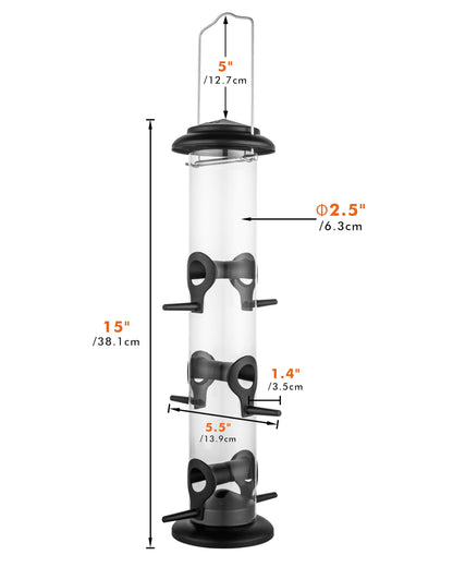 iBorn Metal Bird Feeder Hanging Wild Bird Seed Feeder for Mix Seed Blends Heavy Duty All Metal Black Finish,15 Inch 6 Port,Pack of 2
