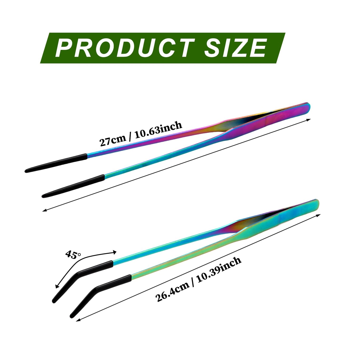 OLIISS Stainless Steel Reptile Feeding Tongs with Rubber Tip - 10.6" Straight & Curved Tweezers for Aquariums & Crafts - Feeder Tools for Bearded Dragons & Lizards - Terrarium Tank Supplies - 2 Pack