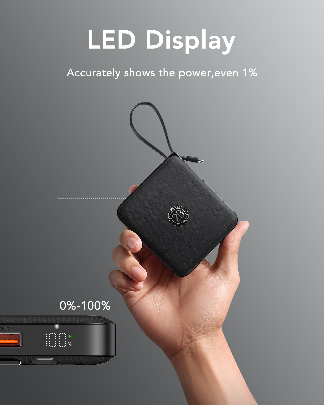 VRURC Portable Charger with Built-in Cable, 10000mAh 22.5W Fast Charging USB C Battery Pack, Cell Phone Power Bank for iPhone 17 16 15 Samsung Galaxy S25 S24 S23 Series Android Tablet, Black(1 Pack)