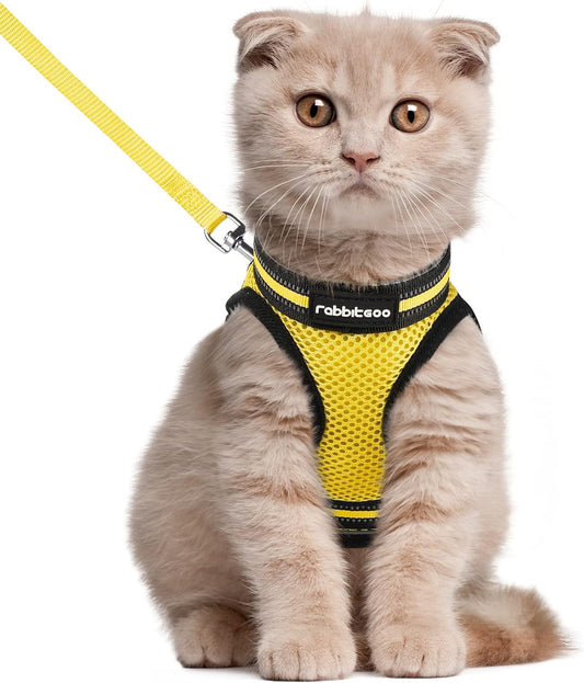 Rabbitgoo Cat Harness and Leash Set for Walking Escape Proof, Adjustable Soft Kittens Vest with Reflective Strip for Cats, Comfortable Outdoor Vest, Bright Yellow, L