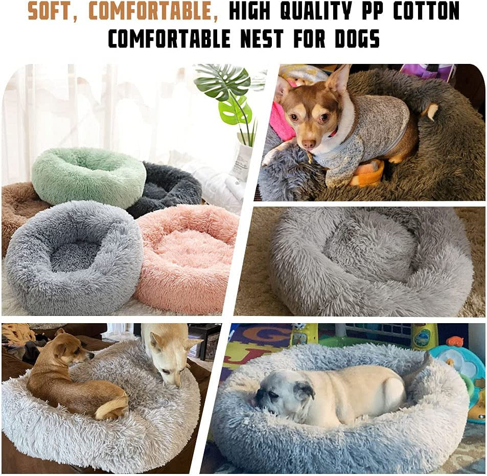 Dog Bed Calming Dog Beds for Small Medium Dogs - round Donut Washable Dog Bed, Anti-Slip Faux Fur Fluffy Donut Cuddler Anxiety Cat Bed(20")