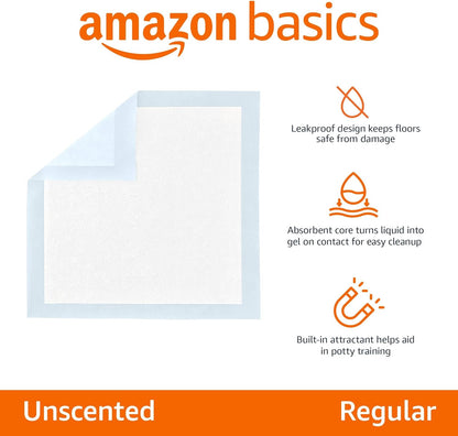 Amazon Basics Dog and Puppy Pee Pads with Leak-Proof Quick-Dry Design for Potty Training, Heavy Duty Absorbency, X-Large, 28 X 34 Inches, Pack of 50, Blue & White