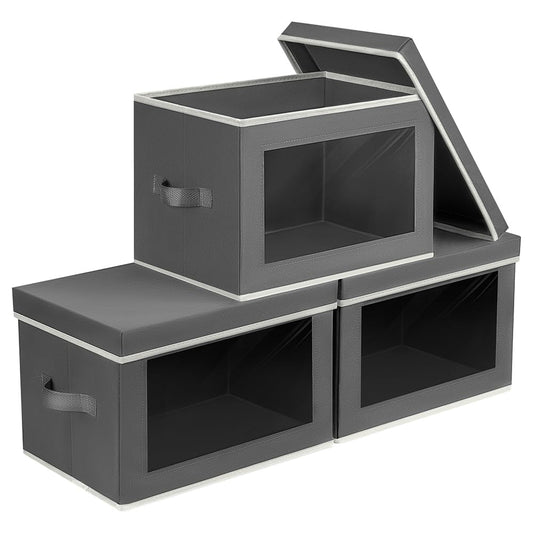 Homsorout Storage Bins with Lids - Fabric Storage Boxes with Lids, Collapsible Storage Bins with Window, Decorative Closet Organizers and Storage for Clothes, Towels, Books, 3 Pack, Dark Grey