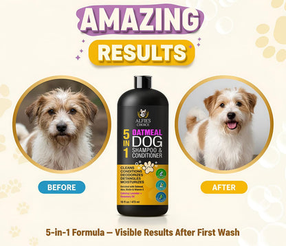ALFIE'S CHOICE Oatmeal Dog Shampoo and Conditioner 5-in-1 | 16 fl oz | with Aloe, Biotin & Vitamin E | for Dry, Itchy & Sensitive Skin | Cleans, Deodorizes & Detangles for All Breeds