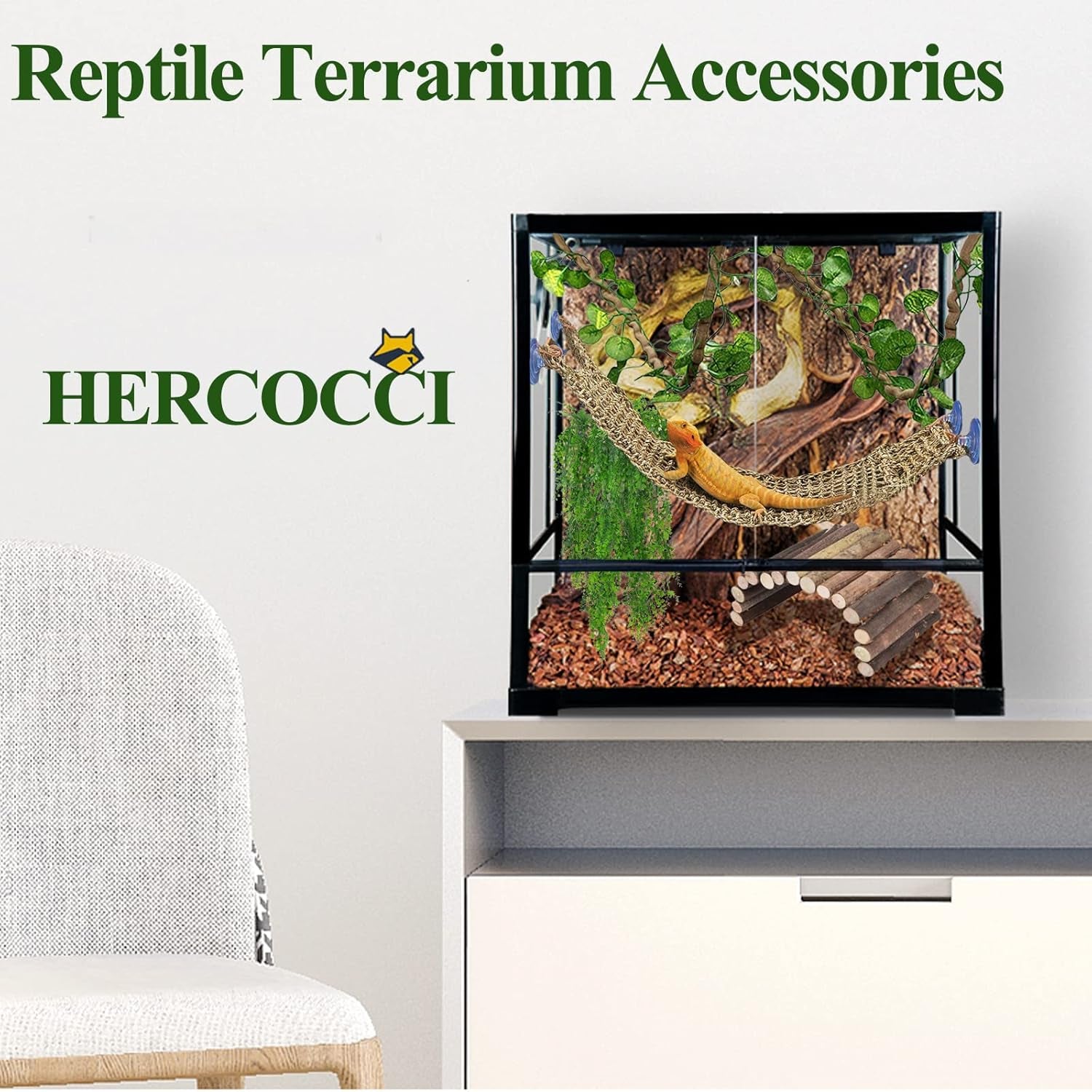 HERCOCCI Bearded Dragon Tank Accessories, Large Reptile Bridge Hammock Flexible - Jungle Climbing Vines and Leaves with Suction Cups Habitat Décor for Hiding& Climbing Snake Gecko Lizard Chameleon