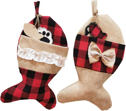 YELAIVP Pet Christmas Stockings for Cats Burlap Plaid Holiday Hanging Fish Socks Fireplace Tree Christmas Decoration