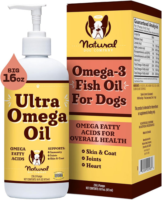 Natural Dog Company Ultra Omega 3 Fish Oil for Dogs 16Oz | Supplement for Shedding, Allergy, Itch Relief | Supports Dry Skin, Joints | Omega 6 & 9 Fish Oil Liquid with Pump | Salmon, Pollock Flax Oil