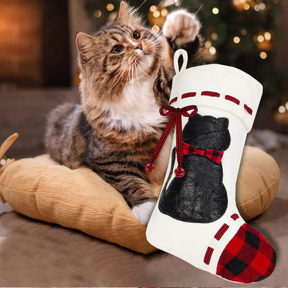 Cat Christmas Stocking 19’’ Xmas Pet Hanging Stockings with 3D Black Leather Cat Pattern Oversize Handmade Xmas Fireplace Hanging Stockings Decorations for Family Holiday Season Party Decor Pets Gifts