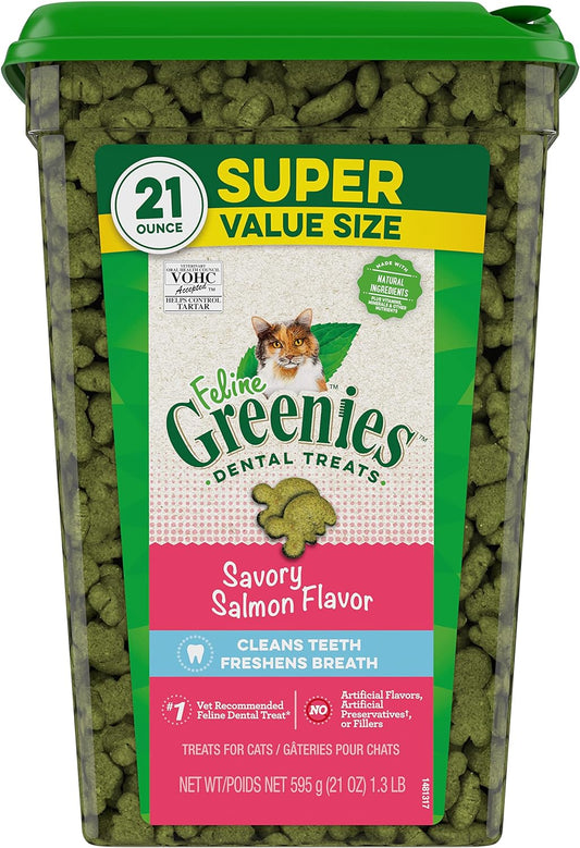 Greenies Feline Adult Natural Dental Care Cat Treats Savory Salmon Flavor, 21 Oz. Tub