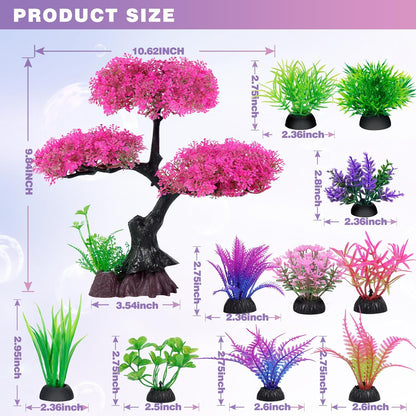 Ameliade Aquarium Artificial Plastic Plants Decoration, Pink Cherry Blossom Tree & Grass Aquarium Decor Set, Goldfish Betta Fish Tank Decorations Hides Accessories（Pink