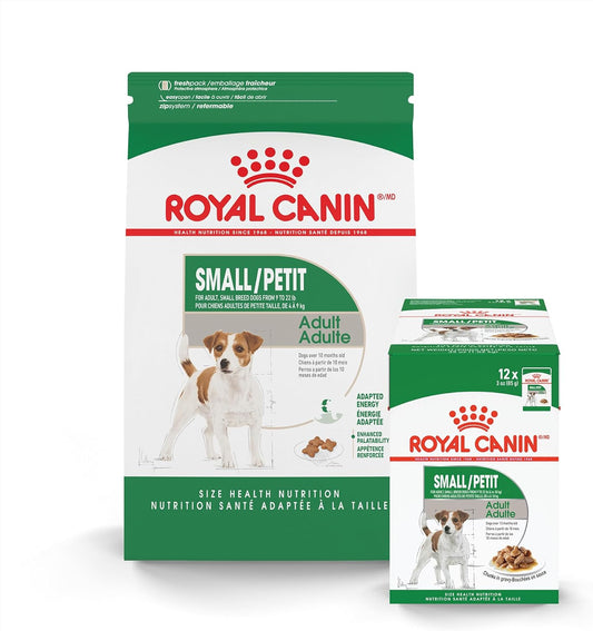 Royal Canin Size Health Nutrition Small Adult Wet Dog Food, 3 Oz (12-Count) Size Health Nutrition Small Breed Adult Dry Dog Food, 2.5 Lb Bag