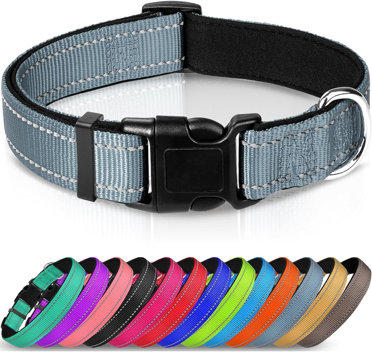 Joytale Reflective Dog Collar,Soft Neoprene Padded Breathable Nylon Pet Collar Adjustable for Medium Dogsgray,M