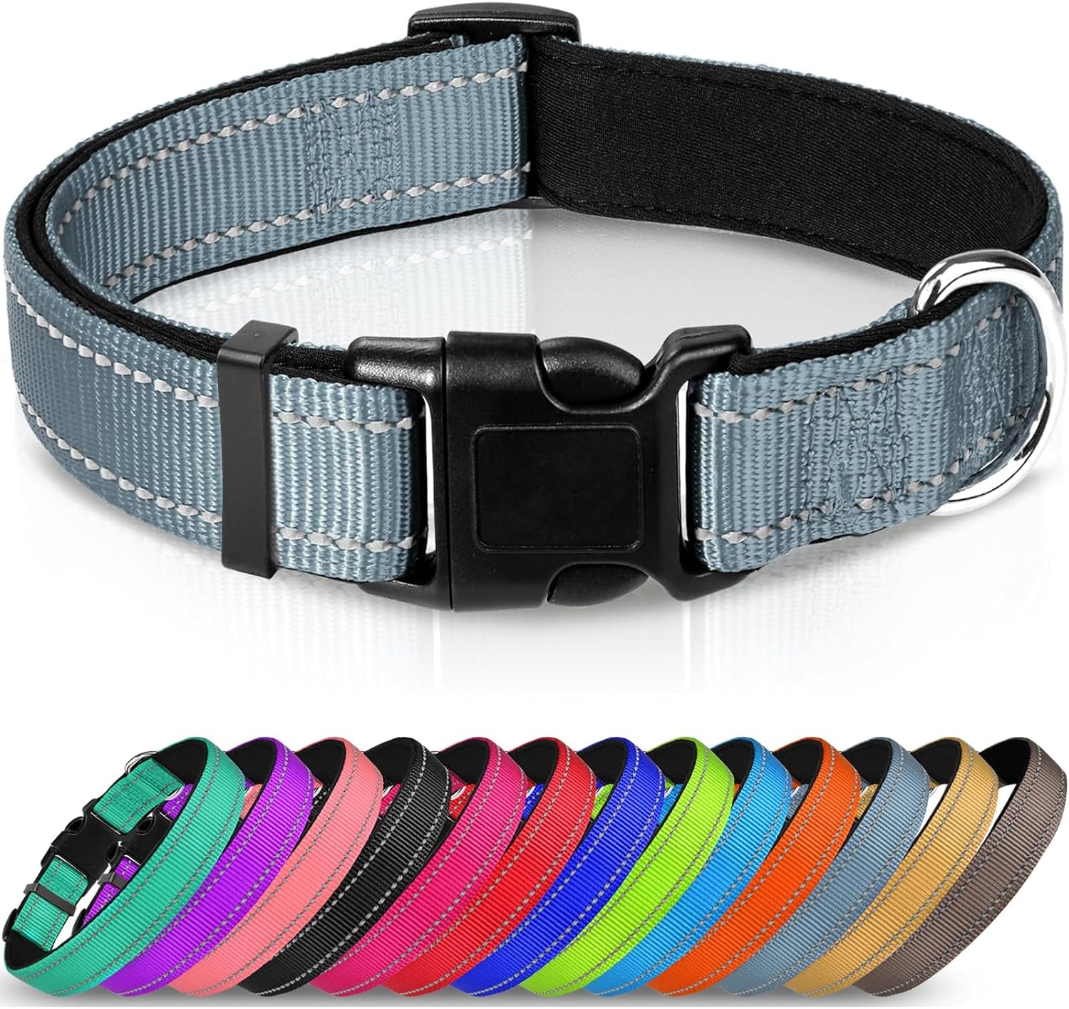 Joytale Reflective Dog Collar,Soft Neoprene Padded Breathable Nylon Pet Collar Adjustable for Large Dogs,Gray,L