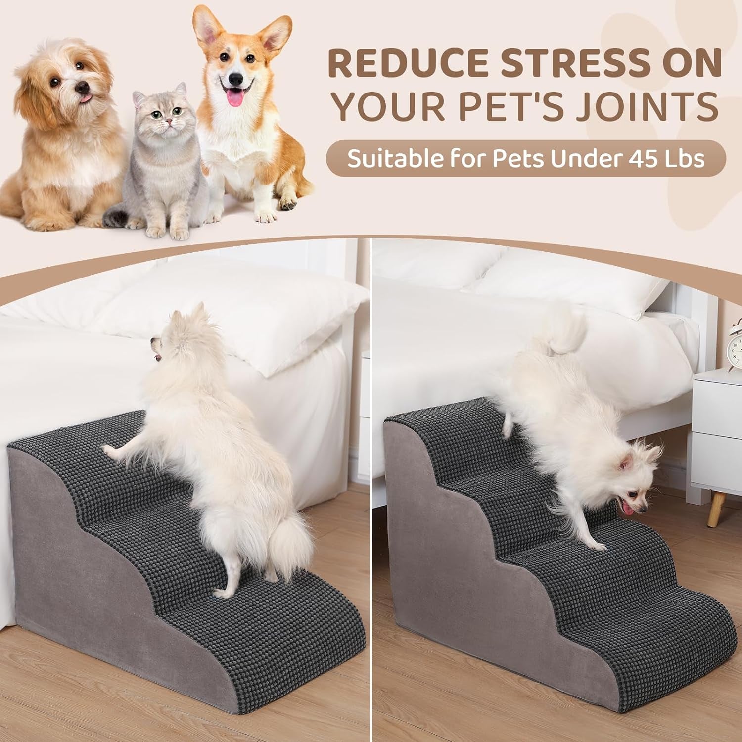 Dog Stairs for High Beds, 4-Step Pet Stairs for Small Dogs and Cats High Density Foam Dog Stairs to Bed & Couch, Pet Stairs with Non-Slip Bottom for Doggies, Aged Dog and Injured Pets