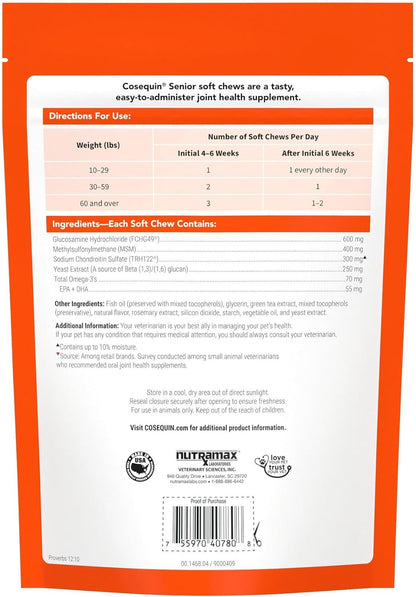 Cosequin Senior Joint Health Supplement for Senior Dogs - with Glucosamine, Chondroitin, Omega-3 for Skin and Coat Health and Beta Glucans for Immune Support, 60 Soft Chews