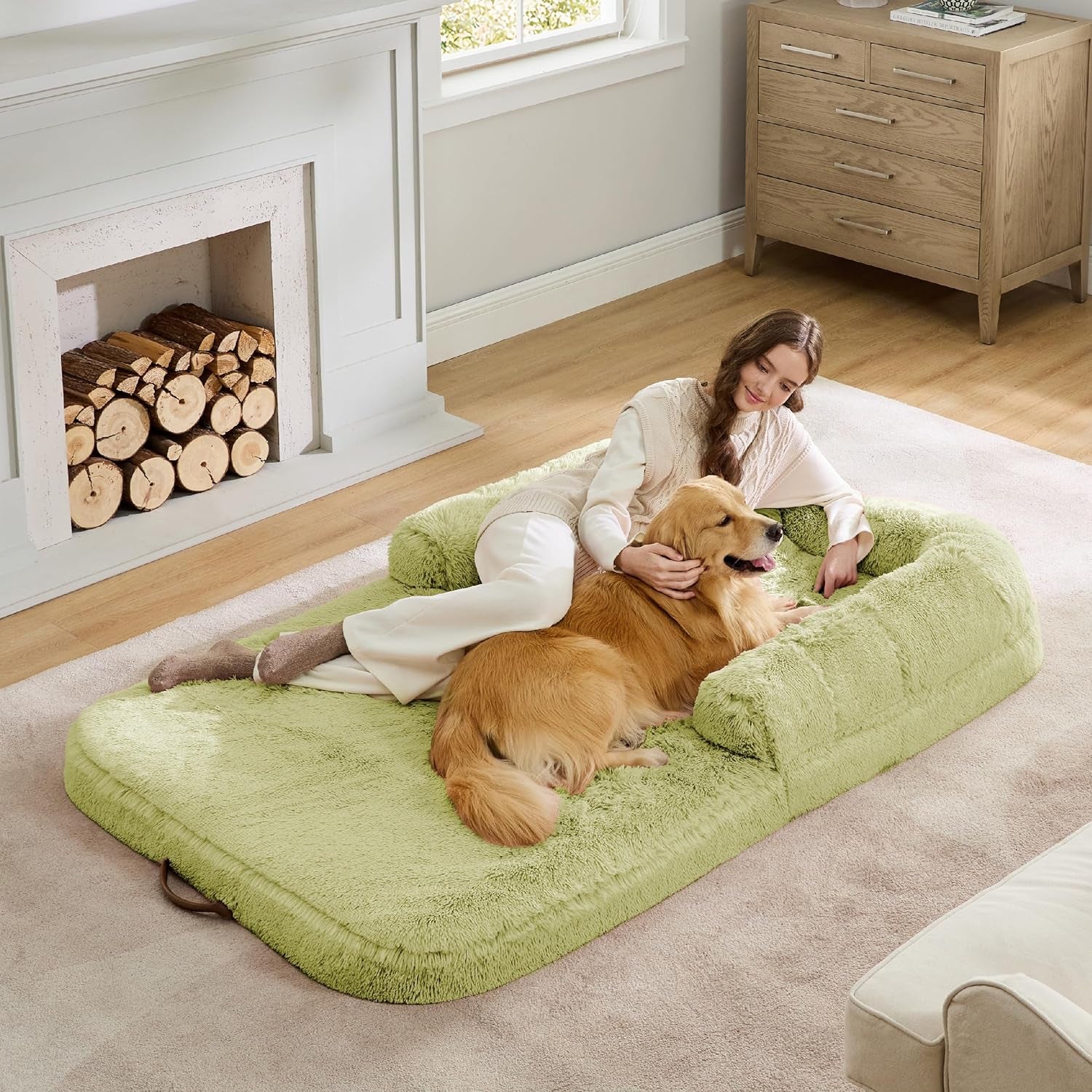 Bedsure Foldable Human Dog Bed for People Adults, 2 in 1 Calming Human Size Giant Dog Bed Fits Pet Families with Egg Foam Supportive Mat and Waterproof Liner, Faux Fur Orthopedic Dog Sofa, Green