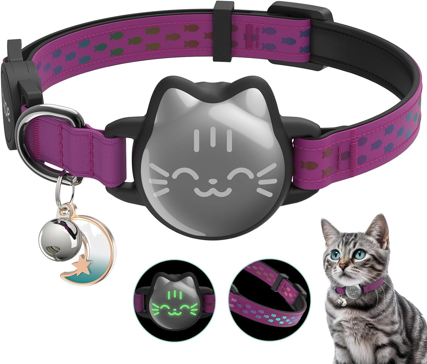 Waterproof Airtag Cat Collar, Breakaway Cat Airtag Collar with Luminous & Reflective Pattern Strap, Lightweight Kitten Collar for Apple Air Tag, Hidden Holder for GPS Tracker - Cats, Kittens (9-13")