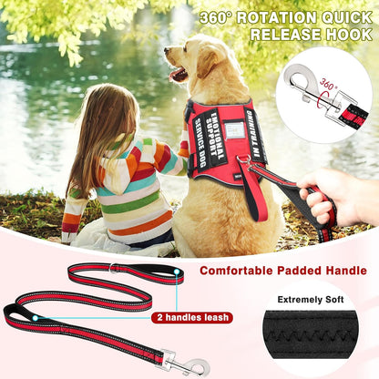 Service Dog Vest Harness and Leash Set+10 Patches,No Pull&Adjustable Reflective Dog Harness with Soft Padded Handle for Training/Everyday,Fit Small/Medium/Large/Extra-Large Dogs(Red M)