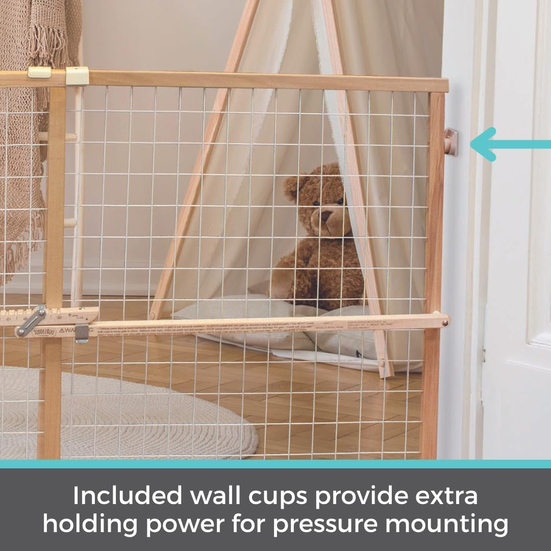 Toddleroo by North States Extra Wide Wire Mesh Wooden Baby Gate: 29.5"-50" Wide. Pressure Mounted Baby Gate for Doorway. (31" Tall, Sustainable Hardwood)