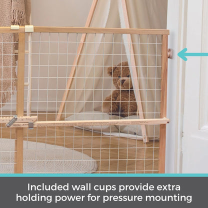 Toddleroo by North States Extra Wide Wire Mesh Wooden Baby Gate: 29.5"-50" Wide. Pressure Mounted Baby Gate for Doorway. (31" Tall, Sustainable Hardwood)