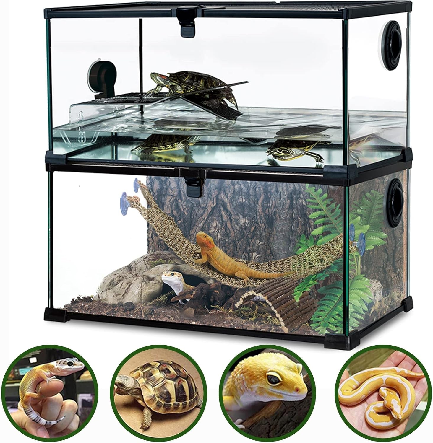 HERCOCCI Bearded Dragon Tank Accessories, Large Reptile Bridge Hammock Flexible - Jungle Climbing Vines and Leaves with Suction Cups Habitat Décor for Hiding& Climbing Snake Gecko Lizard Chameleon