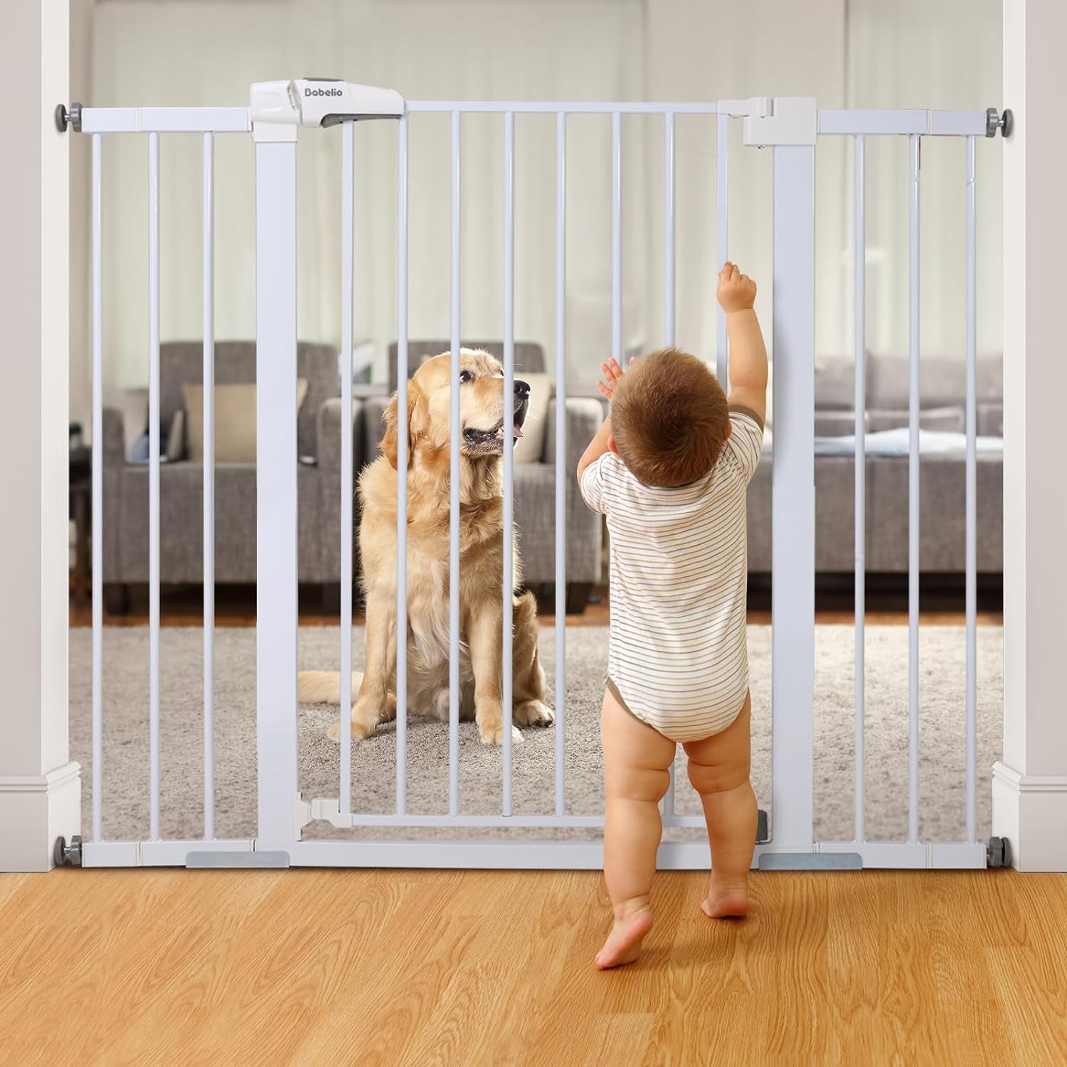 BABELIO 36 Inch Tall Metal Baby Gate, 29-48" Auto Close Pressure Mounted Dog Gate for Stairs、Doorways & Hallway, Protector Basics Easy Walk Thru Pet Gate, Child Gate with 2*Y Spindle Rods,White