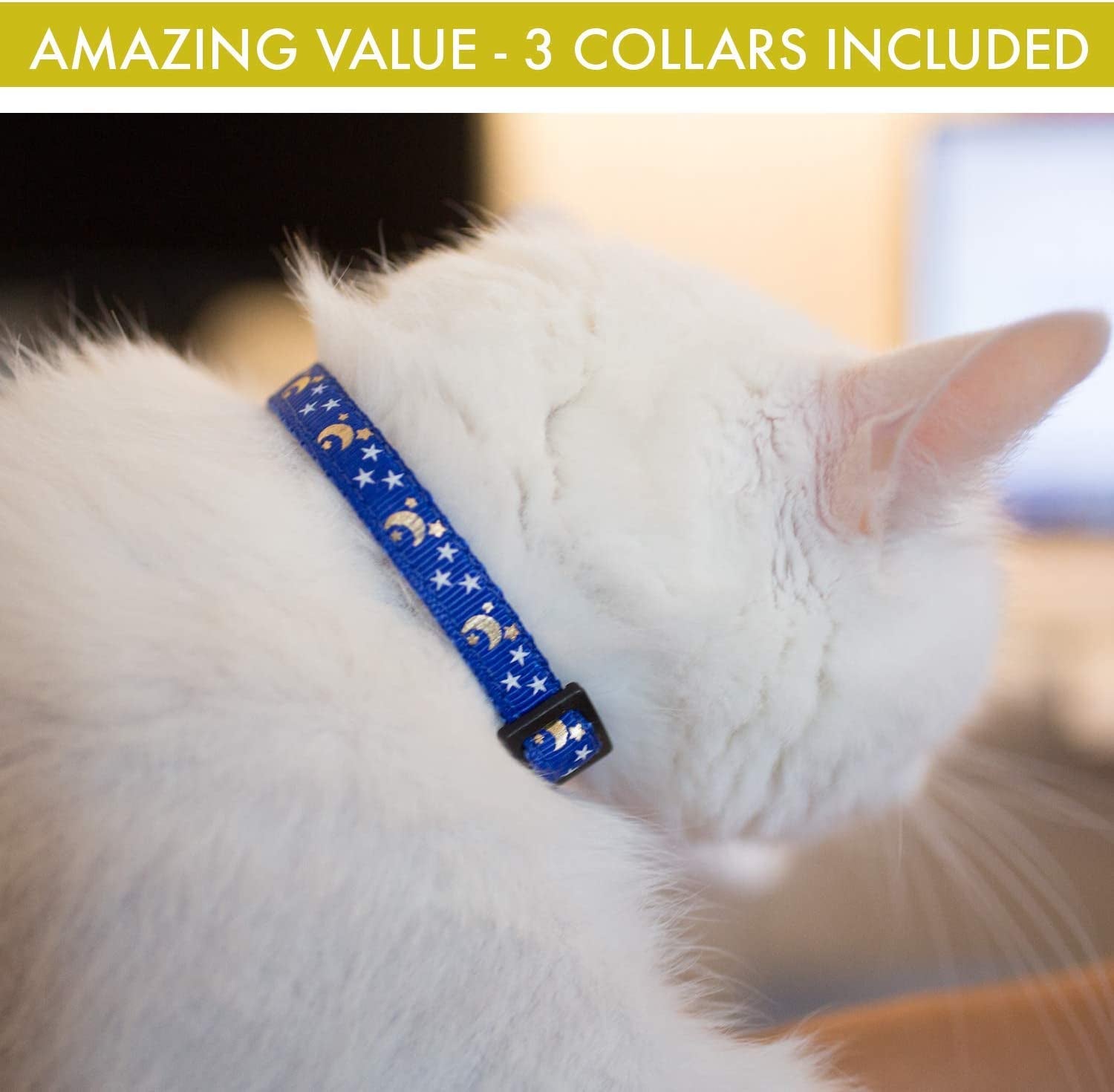 Upgraded Version - Cat Collar Stars and Moon, 4-Pack, Reflective with Bell, Solid & Safe , Nylon, Pet Collar, Breakaway Cat Collar, Free Replacement