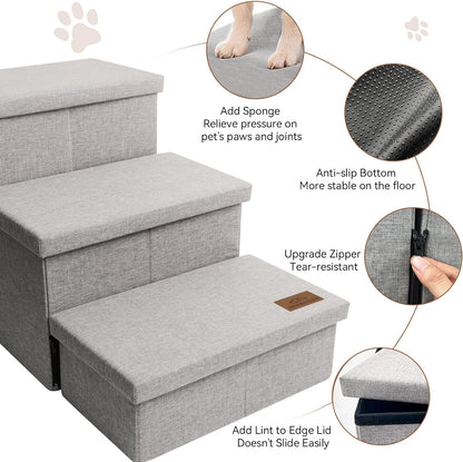 Dog Stairs, Dog Steps for High Beds 17.5"H, Folding Pet Stairs for Small Medium or Large Dogs Puppy with Storage for Bed and Couch, Dog Ramp for Car Hold up to 200 Lbs (Smok Grey, 3 Steps with Condo)