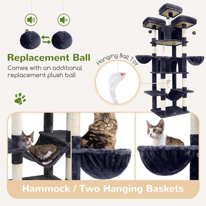 F80 Big Cat Tree, 80Inch Cat Tower for Indoor Cats Multiple Adult Cats XXL Cat Tree Large Cat Tower with Scratching Post, Hammock, 3 Perches, 2 Condos, 2 Hanging Basket, Dark Grey