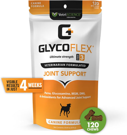 Vetriscience Glycoflex 3 Clinically Proven Hip and Joint Support Supplement for Small Dogs - Maximum Strength Dog Supplement with Glucosamine, MSM, Green Lipped Mussel & DMG - 60 Chews,Chicken Flavor​