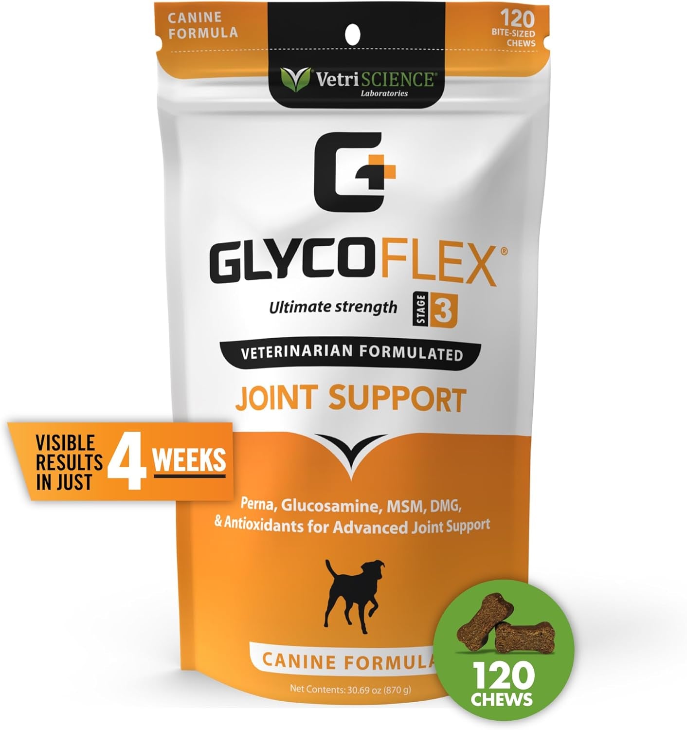 Vetriscience Glycoflex 3 Clinically Proven Hip and Joint Supplement for Dogs - Maximum Strength Dog Supplement with Glucosamine, MSM, Green Lipped Mussel & DMG - 120 Chewable Tablets, Chicken Flavor​