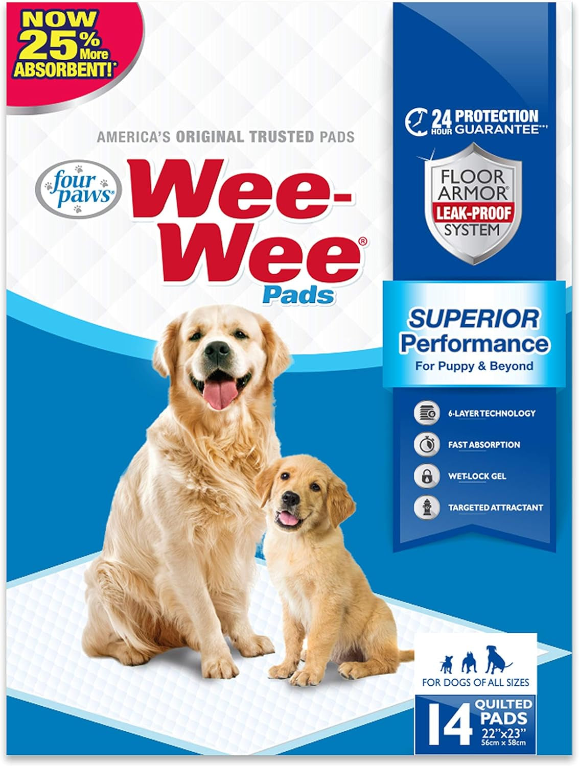 Four Paws Wee-Wee Superior Performance Pee Pads for Dogs - Dog & Puppy Pads for Potty Training - Dog Housebreaking & Puppy Supplies - 22" X 23" (14 Count),White