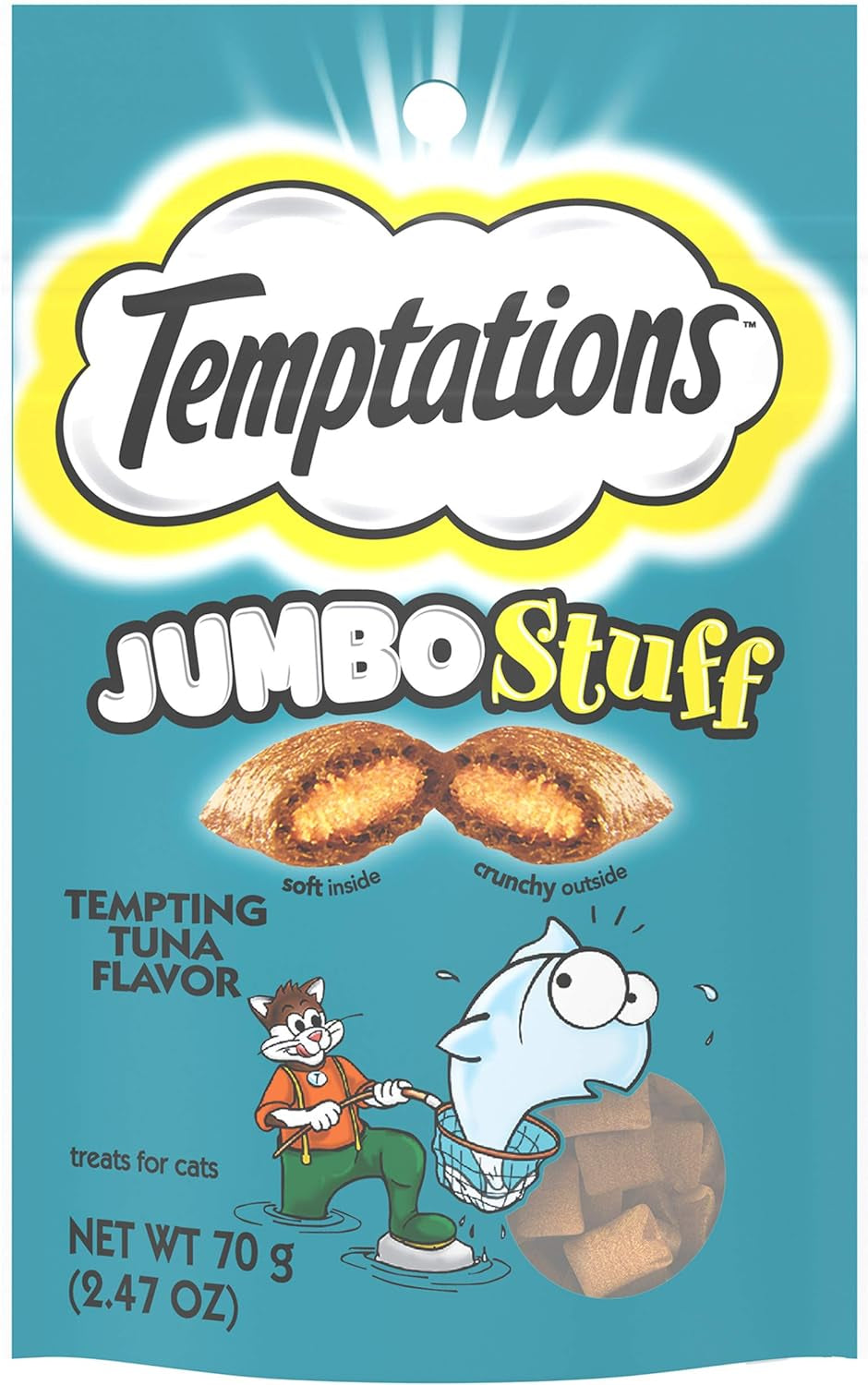 TEMPTATIONS Jumbo Stuff Crunchy and Soft Cat Treats Tempting Tuna Flavor, 2.47 Oz. Pouch (Pack of 12)