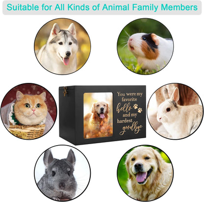 Pet Memorial Urns for Dog or Cat Ashes, Xlarge Wooden Funeral Cremation Urns with Photo Frame, Memorial Keepsake Memory Box with Black Flannel as Lining, Loss Pet Memorial Remembrance Gift