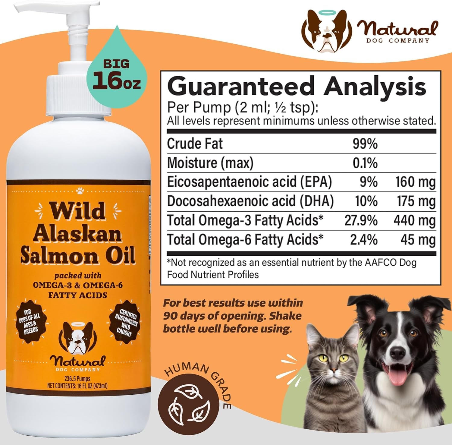 Natural Dog Company Wild Alaskan Fish Oil for Dogs and Cats (16Oz) - Blend of Wild Salmon & Pollock Oil - Omega 3 EPA & DHA - Reduces Shedding, Nourishes Skin, Coat & Joints, Fish Oil for Cats