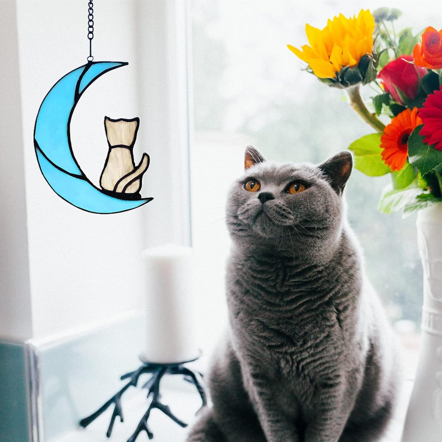 Grey Cat Art Gifts for Cat Lovers, Stained Glass Window Hangings Cat Themed Gifts, Cat Lover Memorial Gifts for Women, Cute Sun Catchers Cat Decorations Pet Ornaments