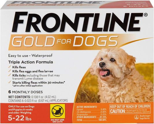 Frontline Gold Flea & Tick Treatment for Small Dogs Up to 5 to 22 lbs. Pack of 6