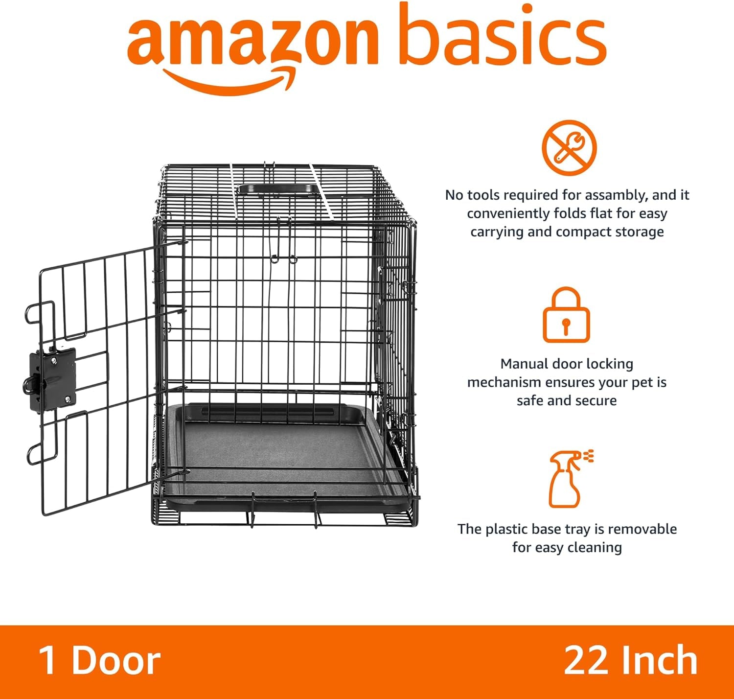 Amazon Basics Durable, Foldable Metal Wire Dog Crate with Tray, Single Door, 24 X 18 X 20 Inches, Black