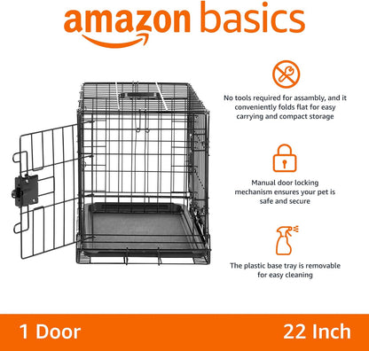 Amazon Basics - Durable,Foldable Metal Wire Dog Crate with Tray, Double Door, Divider, 24 X 18 X 20 Inches, Black