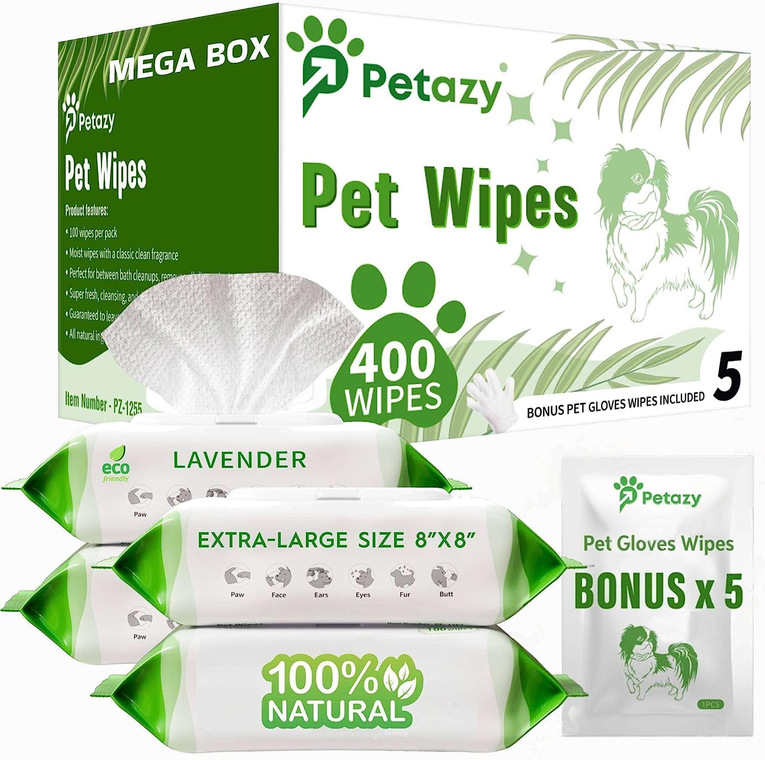 400 Dog Wipes for Paws and Butt Ears Eyes | Organic Pet Wipes for Dogs | Unscented Dog Wipes Cleaning Deodorizing | Extra Thick Paw Wipes for Dogs Cats Pets | Bonus Glove Wipes Included