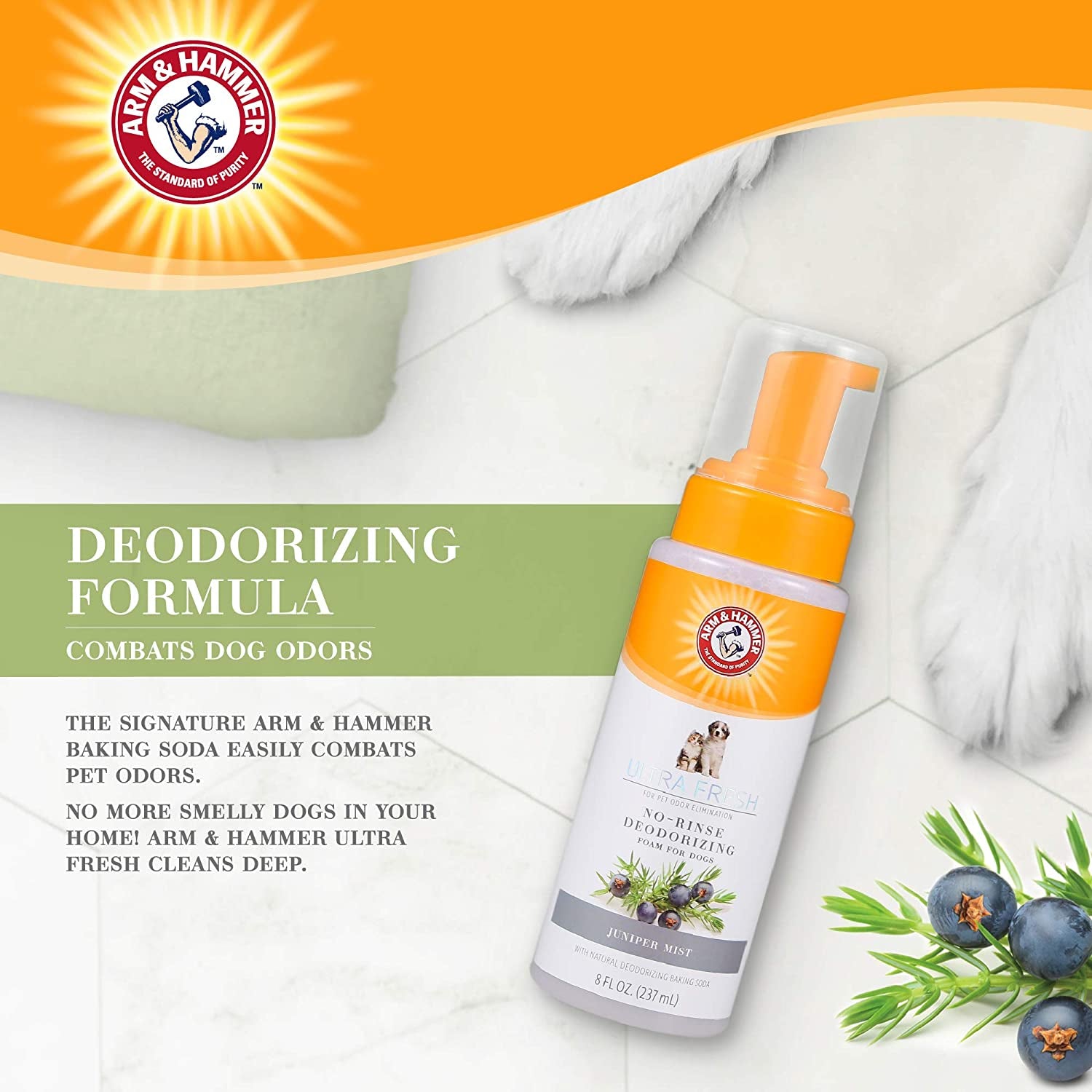 Arm & Hammer Ultra Fresh No Rinse Deodorizing Foam for Dogs, Juniper Mist, 8 Oz | Waterless Dog Shampoo | Baking Soda Neutralizes Bad Odors for an Advanced Clean