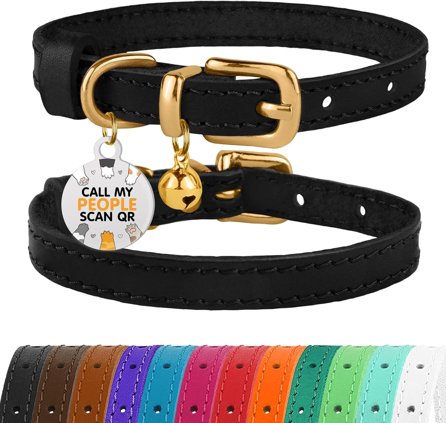 BRONZEDOG Leather Cat Collar with Bells Non Breakaway Kitten QR Tag for Girl Boy (7" - 9" for Cats, Green & Gold)