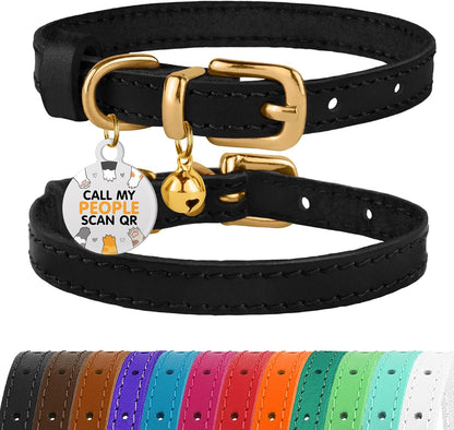 BRONZEDOG Leather Cat Collar with Bell Non Breakaway Kitten QR Tag for Girl Boy (7" - 9" for Cats, Green & Silver)