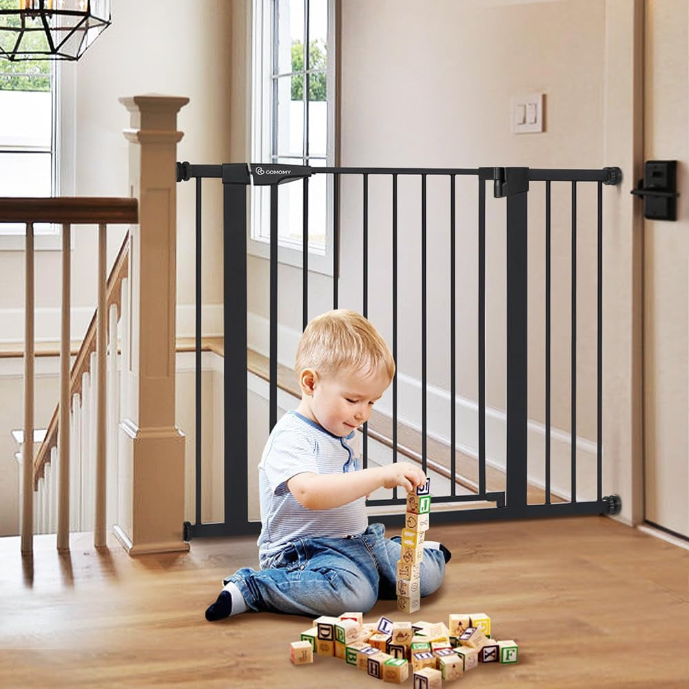 COMOMY 30" Tall Baby Gate for Stairs Doorways, Fits Openings 29.5" to 43.3" Wide, Auto Close Extra Wide Dog Gate for House, Pressure Mounted Easy Walk through Pet Gate with Door, Black