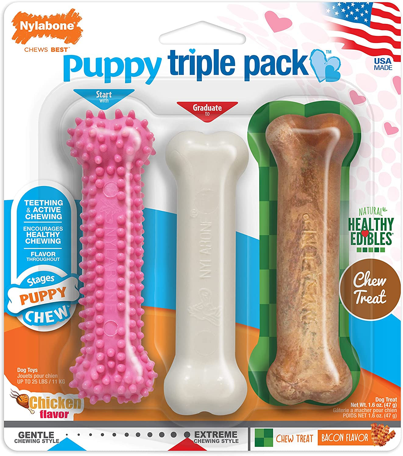 Nylabone Puppy Triple Pack - Pink Puppy Teething Toy, Nylon Dog Toy, & Chew Treat Variety Pack - Puppy Supplies - Chicken and Bacon Flavors, Small/Regular (3 Count)