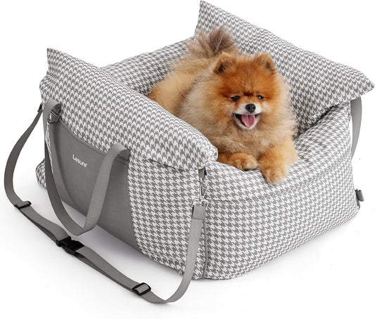 Lesure Small Dog Car Seat for Small Dogs - Waterproof Dog Booster Seat for Car with Storage Pockets and Clip-On Safety Leash and Thickened Memory Foam Filling, Pet Travel Carrier Bed Grey Houndstooth